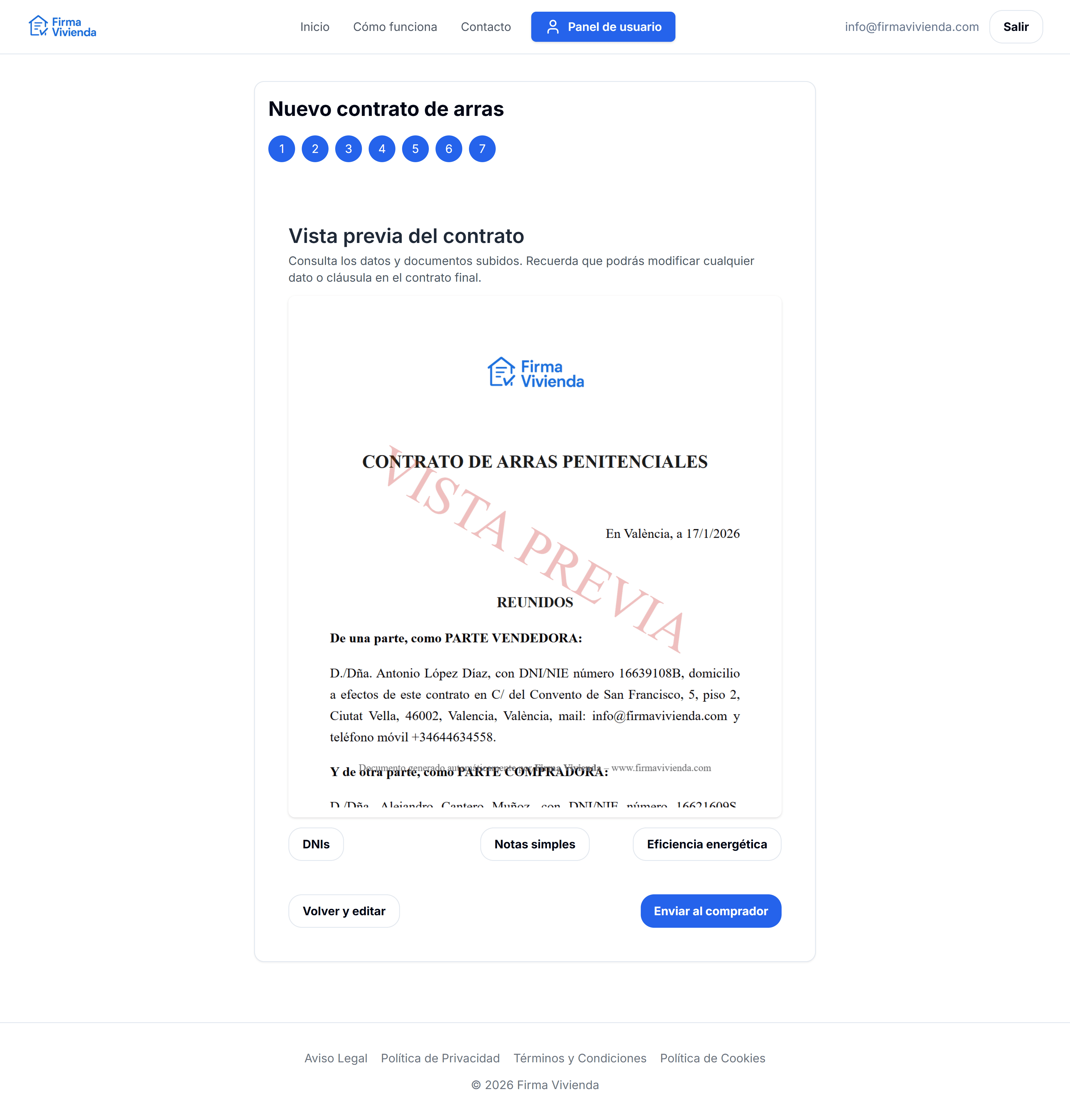 Vista previa del contrato y envío a la otra parte